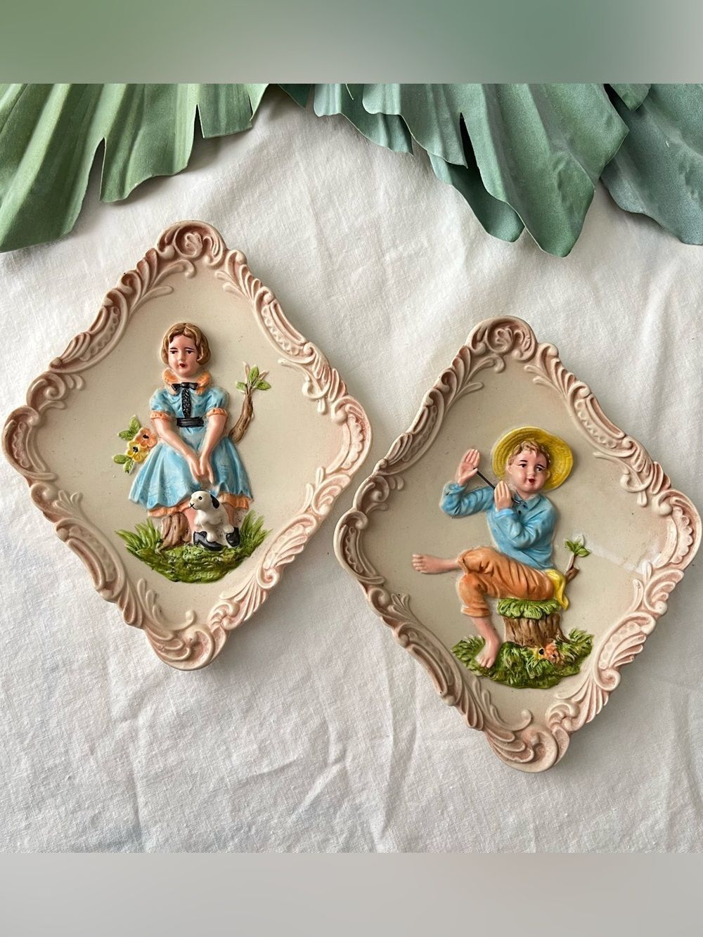 Vintage Lefton Bisque Boy & Girl French Wall Plaques